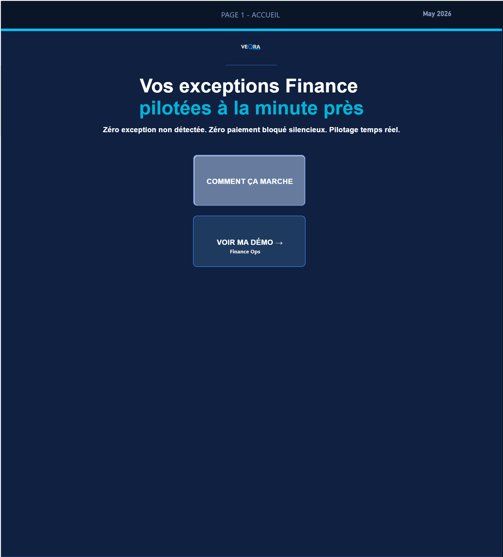 VEQRA Finance Ops — accueil dashboard Power BI